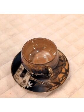 Vintage Moriage Mount Fuji Gold Hand Painted Shofu Tea Cup and Saucer Japan 2pc